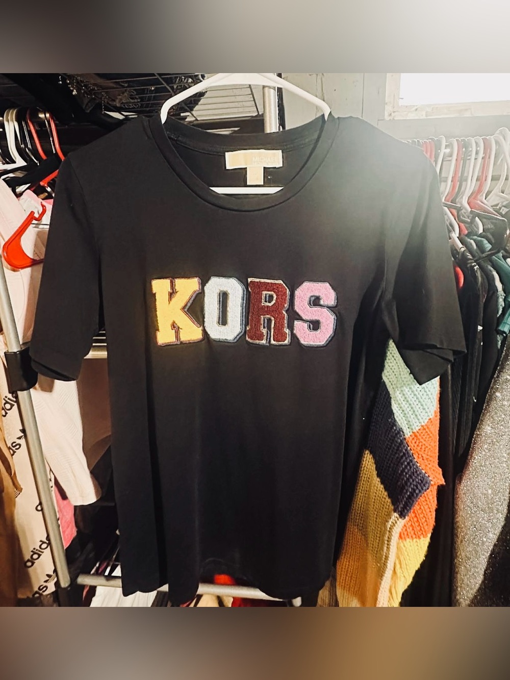 MICHAEL Michael Kors Black Tee with Colorblock 'KORS' Patch Letters